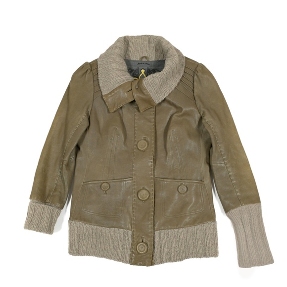 MACKAGE Tan Leather and Wool Ribbing Jacket Size M - Picture 3 of 13